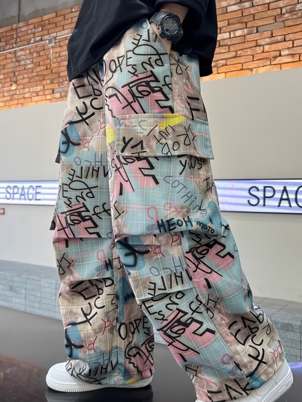 Multi-Color Graffiti Print Cargo Pants for Men - Picture 2 of 4